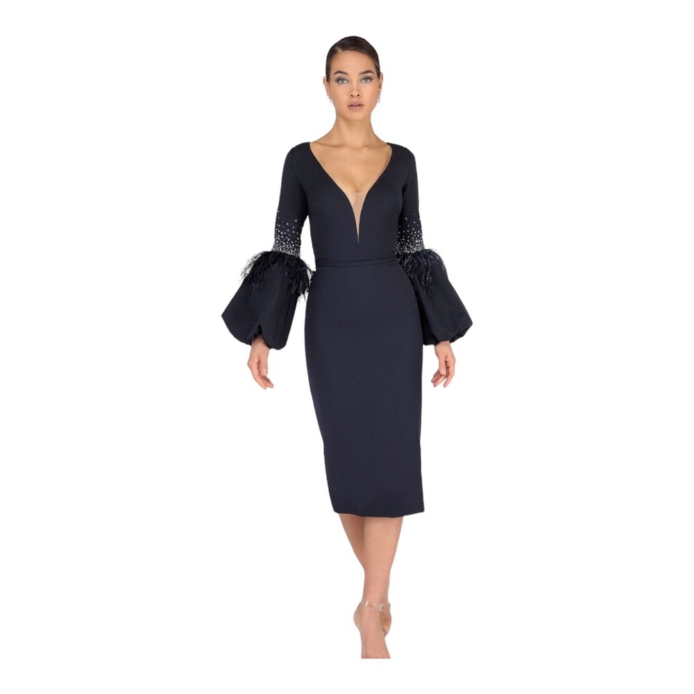 Terani Couture - 1912C9643 Feather-Fringe Sleeve Plunging Sheath Dress size 4